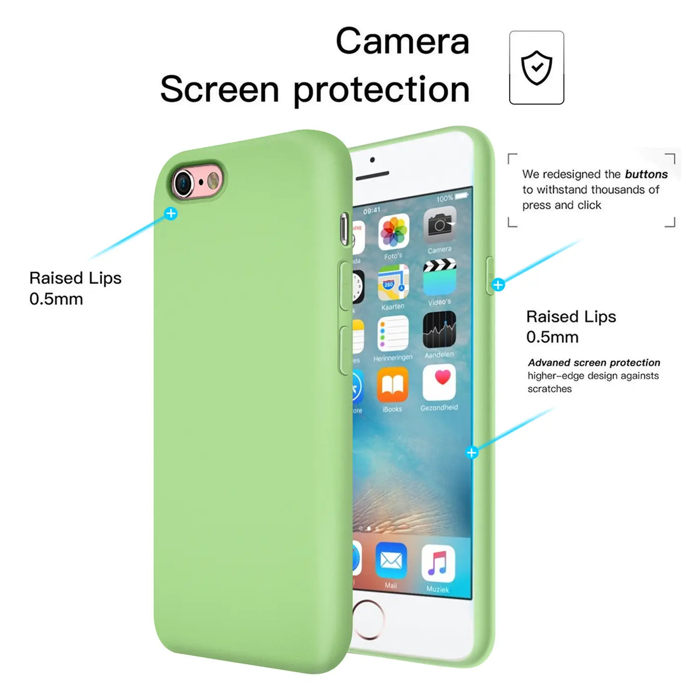 Grüne Silikonhülle mit Mikrofaser-Innenfutter, zeigt iPhone 6s Plus/6 Plus von der Seite.