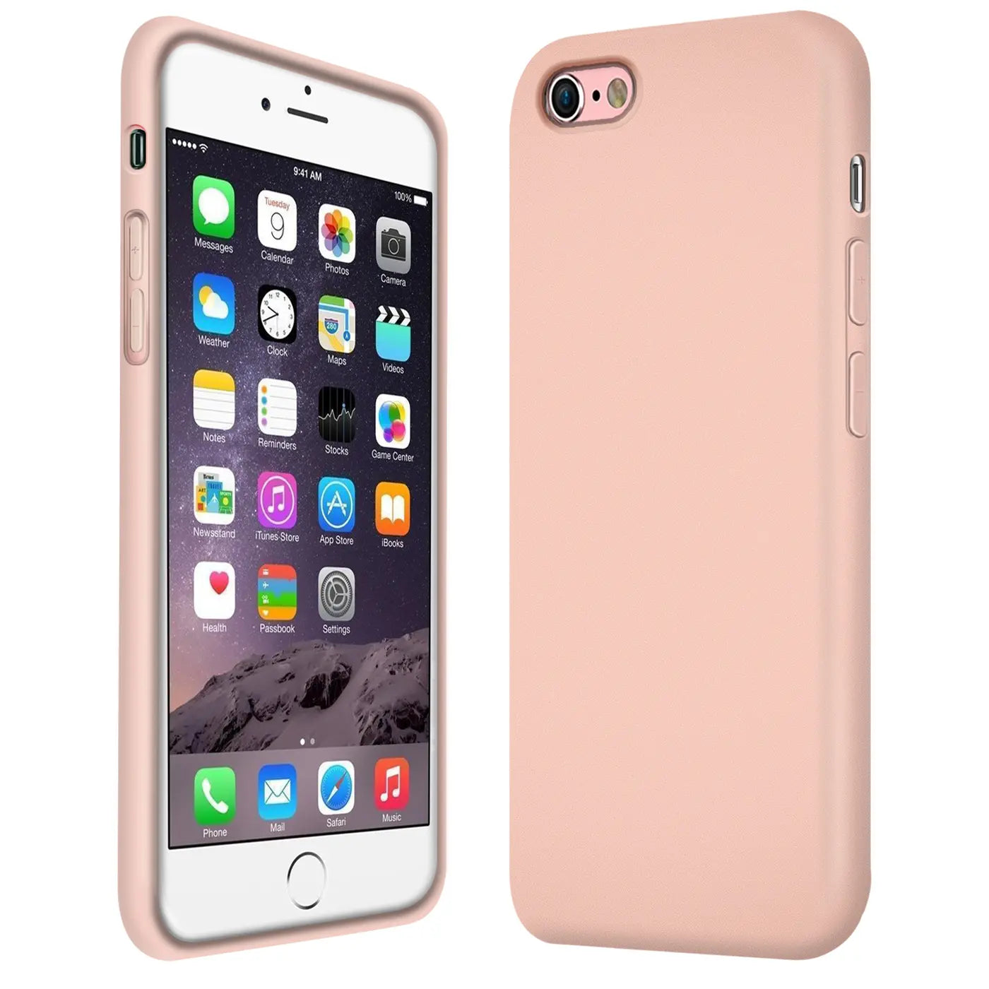 Rosa Silikonhülle für iPhone 6s Plus/6 Plus, von vorne und von der Seite gezeigt.