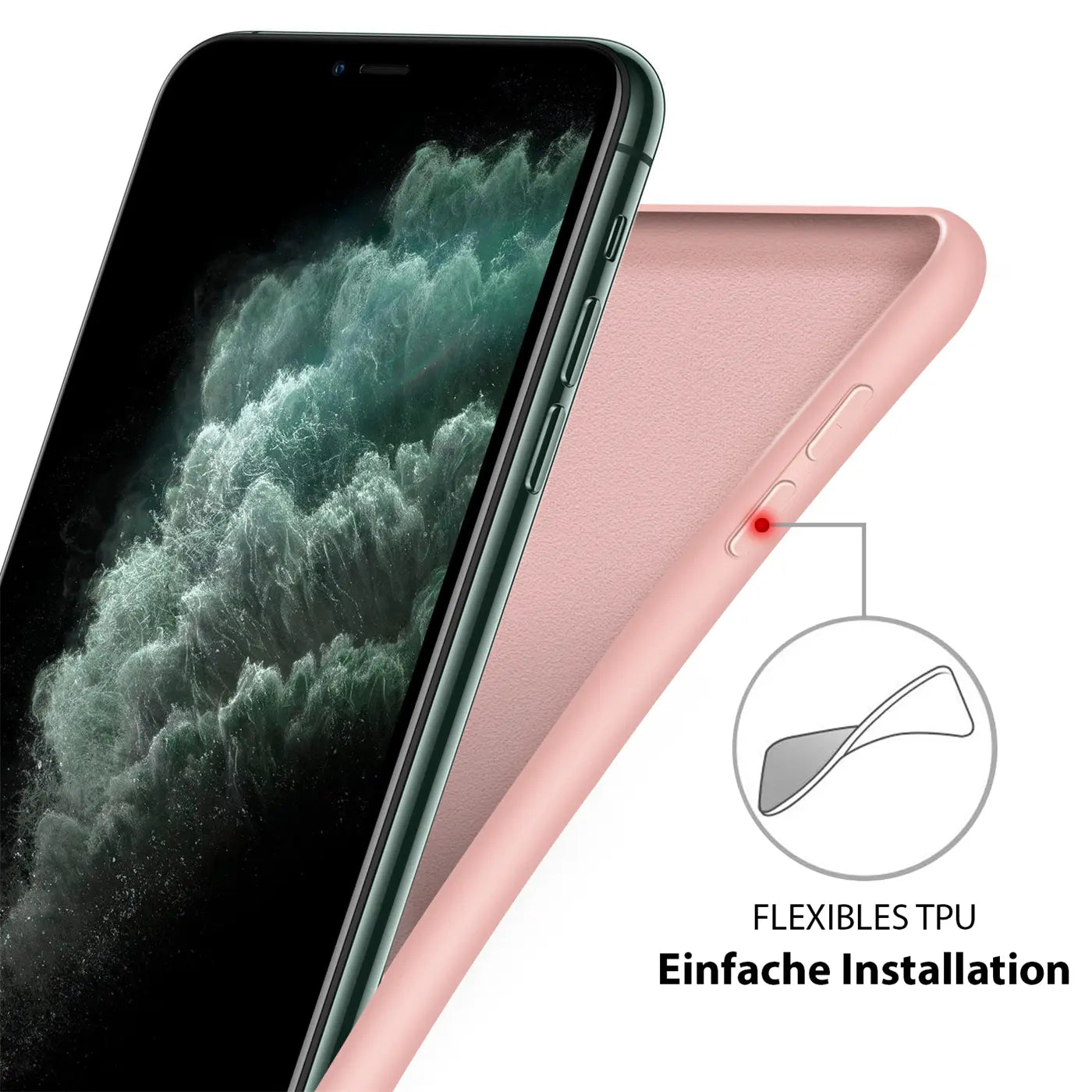Rosa Silikonhülle, seitliche Ansicht, zeigt einen Teil eines Smartphones.