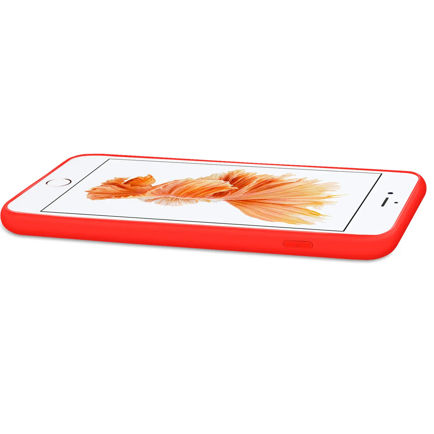 Rote Silikonhülle für iPhone 6s Plus/6 Plus, von der Seite gesehen.