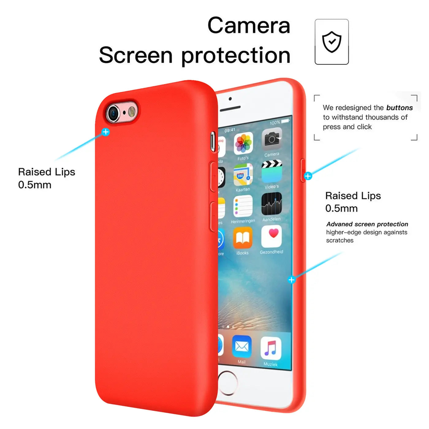 Rote Silikonhülle für iPhone 6s Plus/6 Plus, Seitenansicht, mit erkennbarem Gerät.