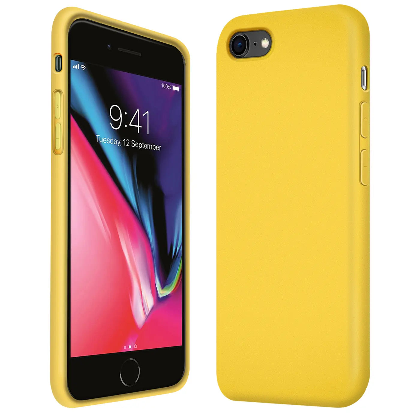 Gelbes Silikon-iPhone 7/8/SE mit Mikrofaser-Innenfutter, Vorder- und Rückansicht.