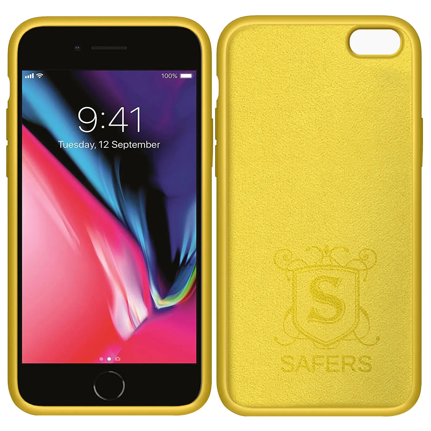 Gelbe Silikonhülle für iPhone 7/8/SE, Vorder- und Rückseite, Mikrofaser innen.