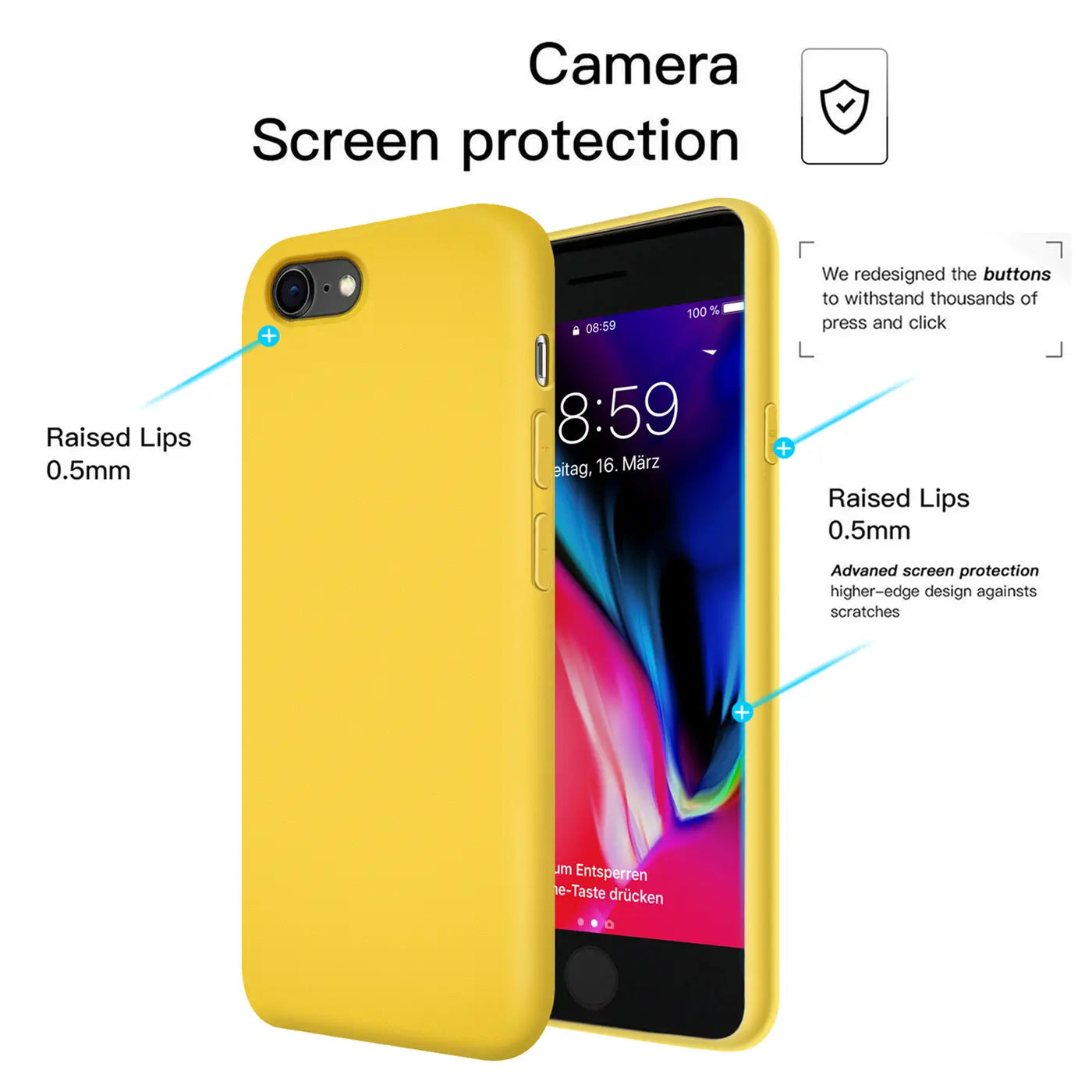 Gelbe Silikonhülle für iPhone 7/8/SE, Vorderansicht, mit hervorgehobenen Lippen