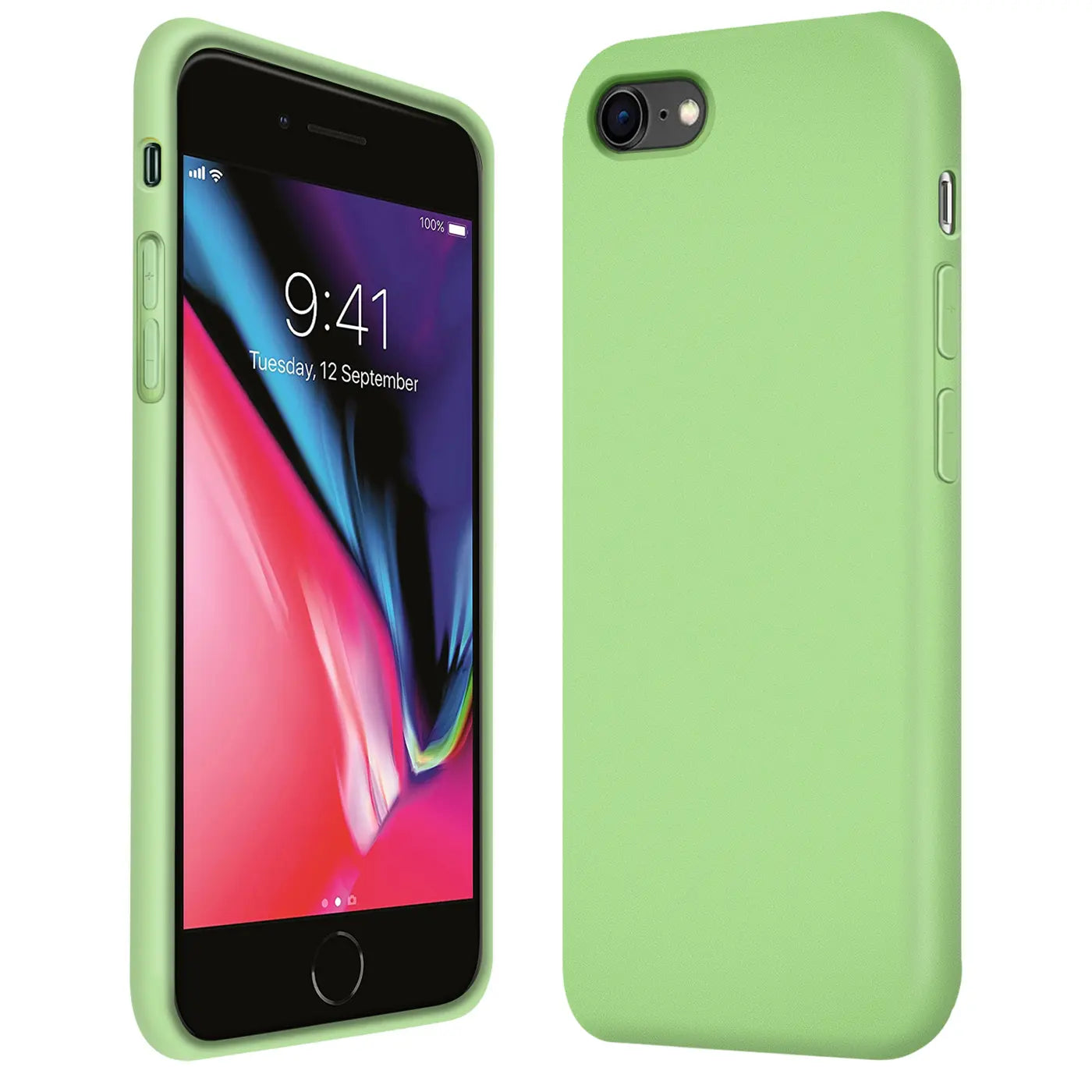 Grüne Silikonhülle mit Mikrofaserfutter für iPhone 7/8/SE, Vorder- und Rückansicht.