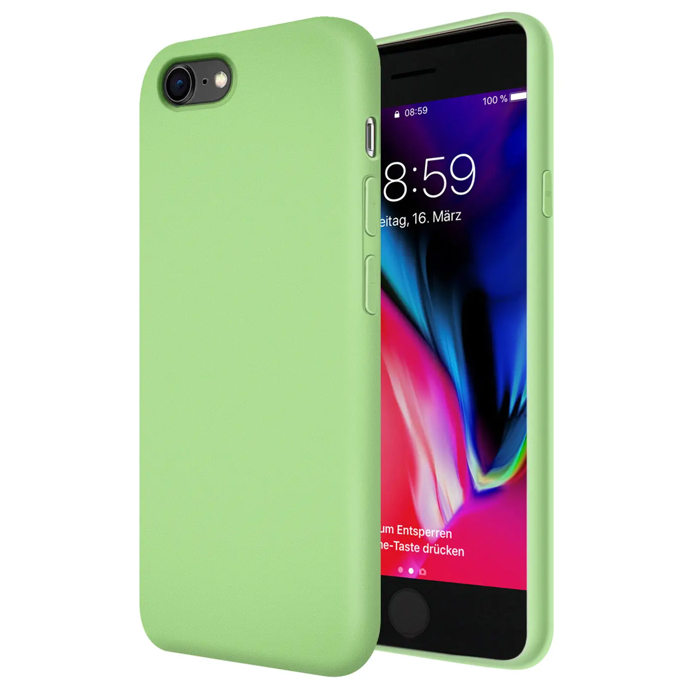 Grüne Silikonhülle auf einem iPhone 8/SE, von vorne links betrachtet.