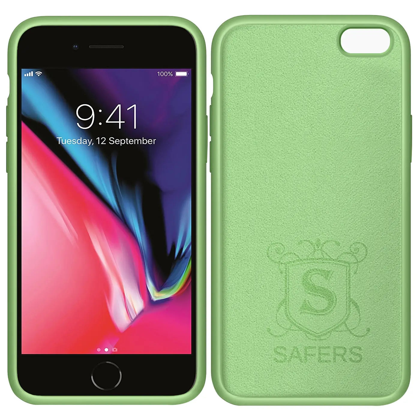 Grüne Silikonhülle mit Mikrofaser-Innenfutter, Vorder- und Rückansicht, iPhone 8.