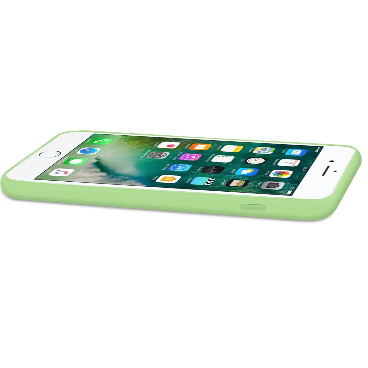 Grüne Silikonhülle mit Mikrofaser-Innenfutter auf einem iPhone 7/8/SE, Seitenansicht.