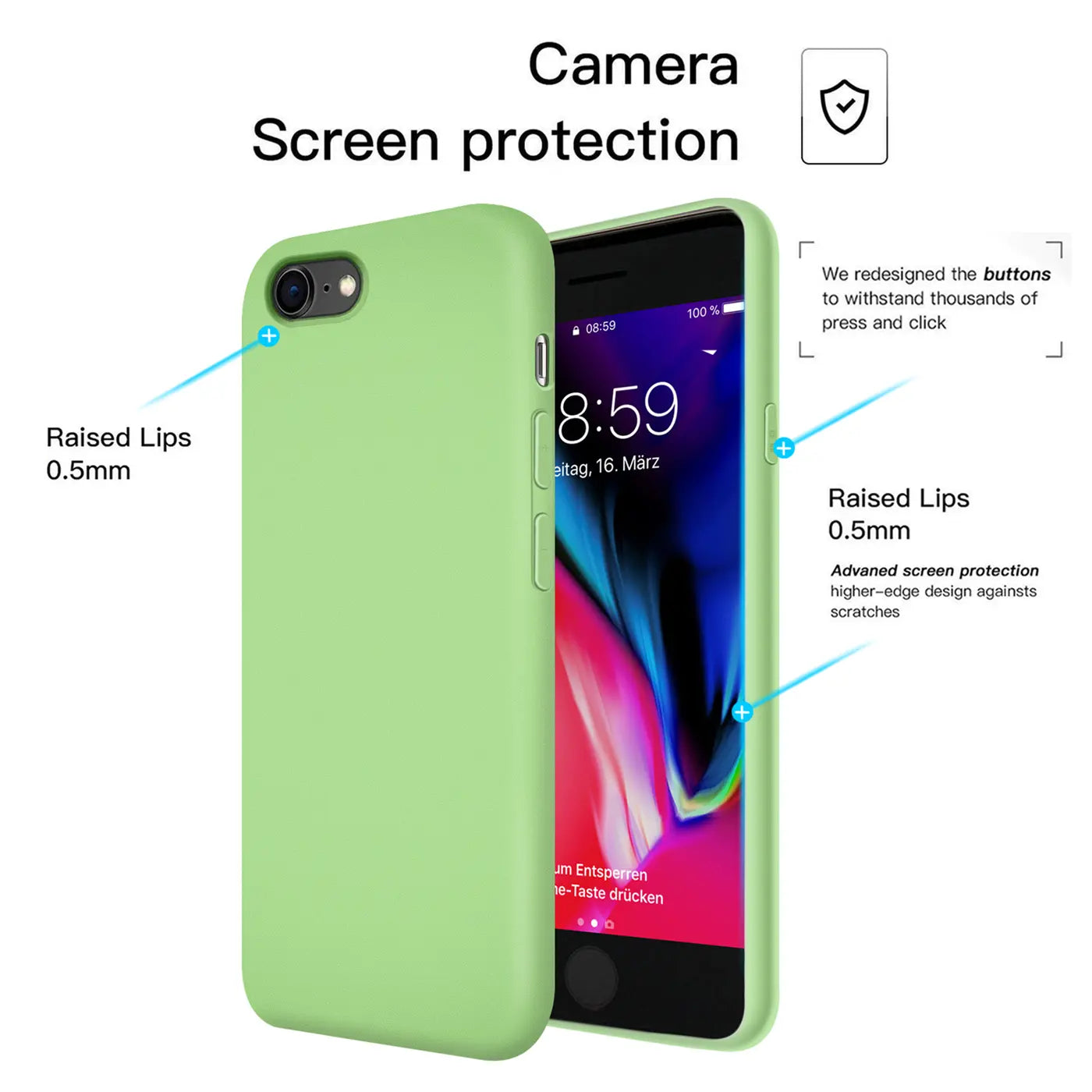Helle grüne Silikonhülle für iPhone 7/8/SE, von vorne, mit Ausschnitt für Kamera.