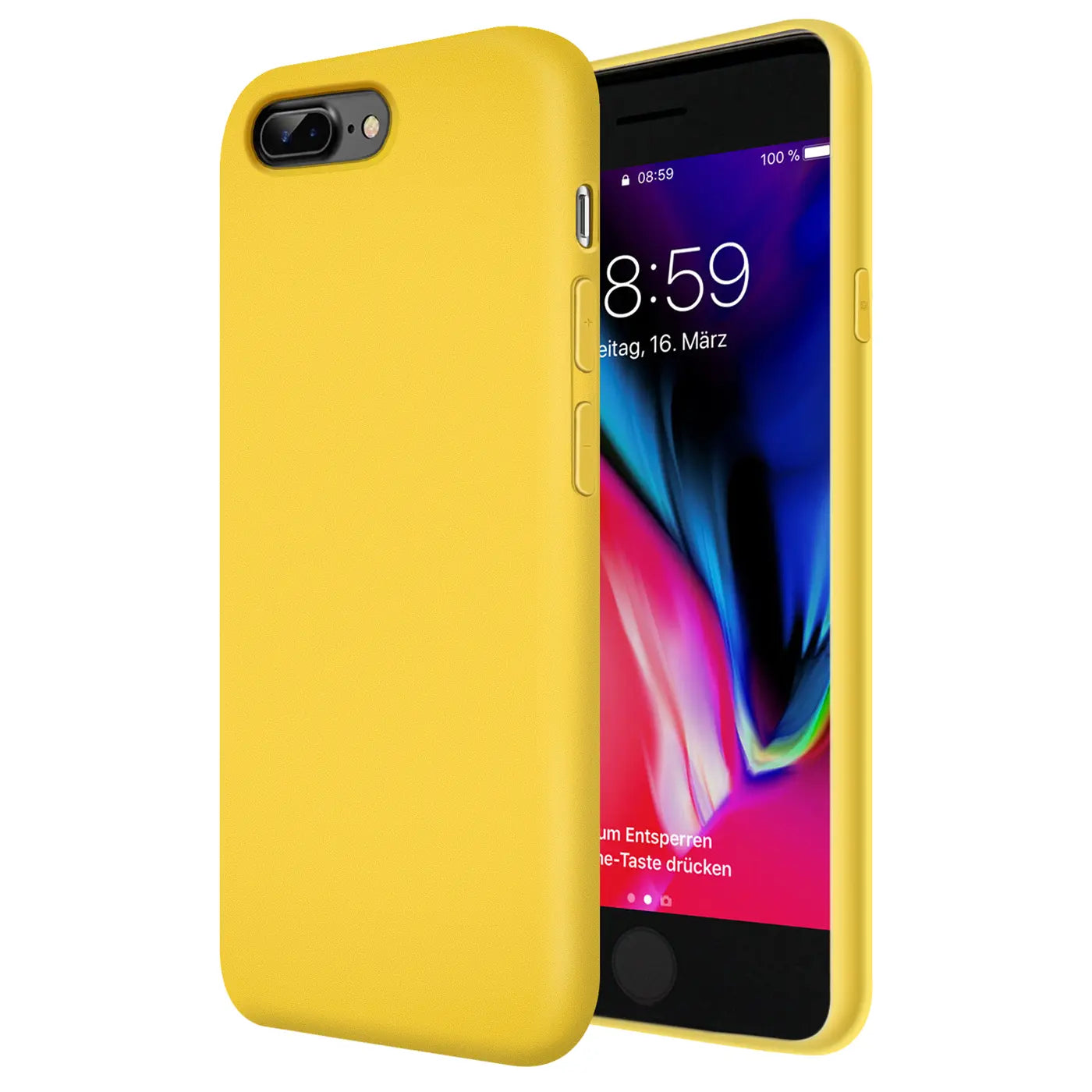 Gelbe Silikonhülle für iPhone 7 Plus / 8 Plus, von vorne links, mit Mikrofaser-Innenfutter.