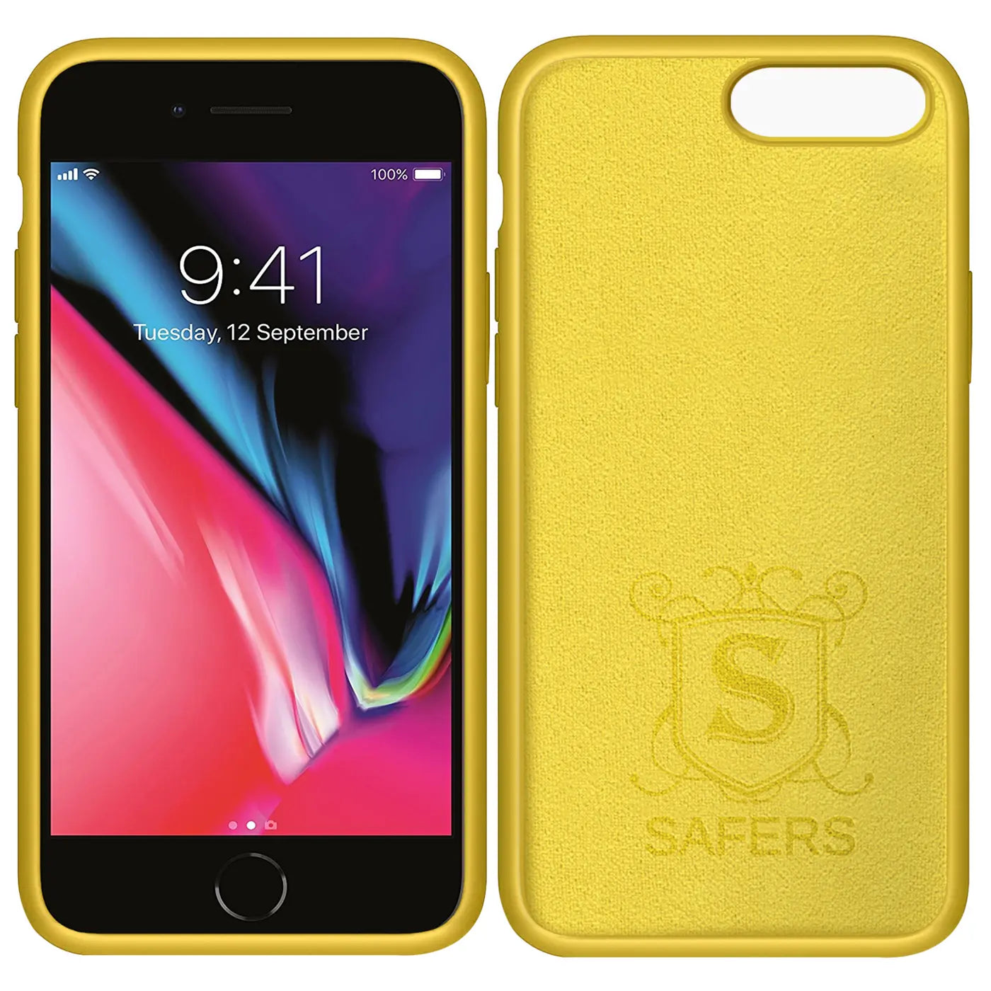 Gelbe Silikonhülle für iPhone 7/8 Plus, Vorder- und Rückansicht, Mikrofaser innen.
