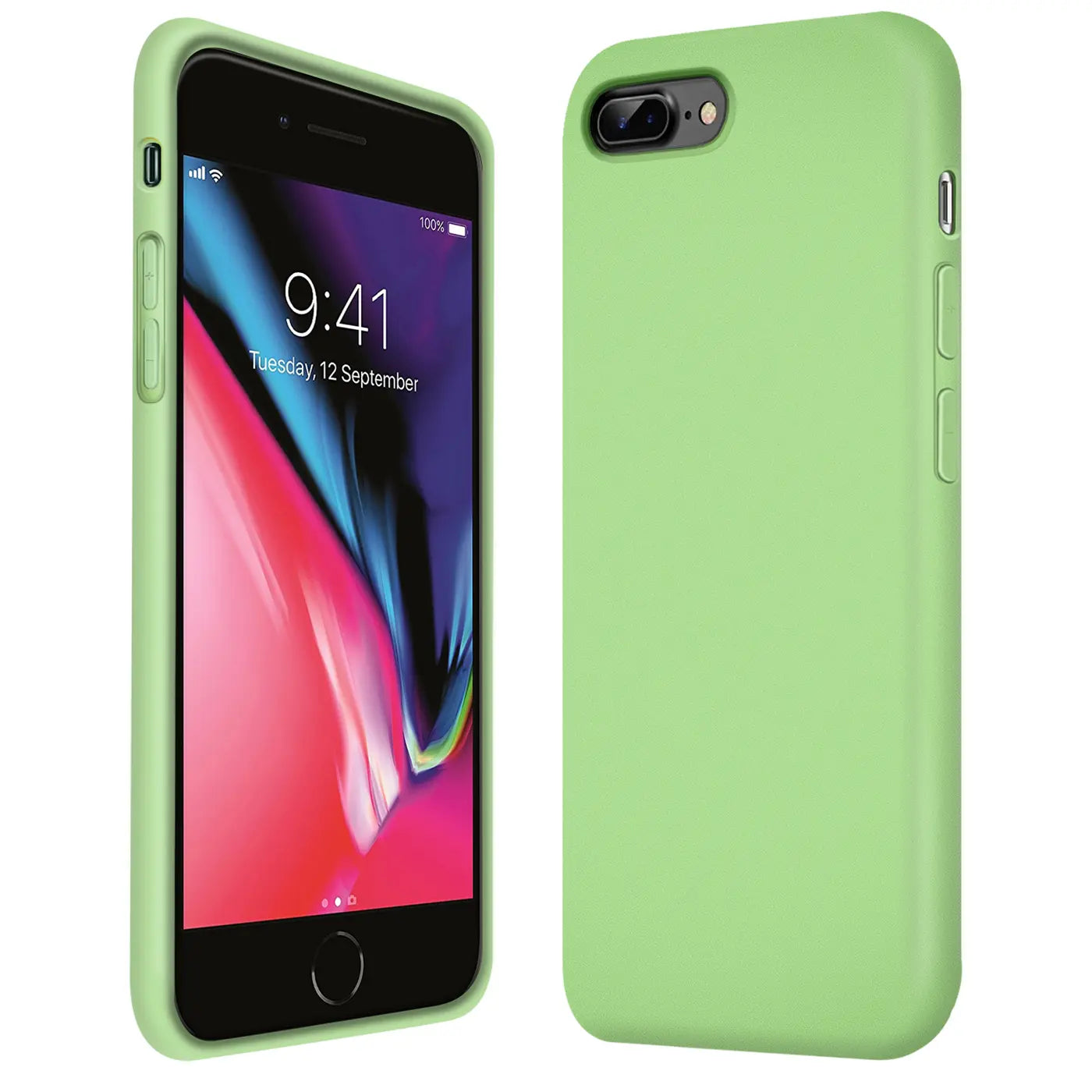 Grüne Silikonhülle für iPhone 7 Plus/8 Plus, von vorne und hinten gezeigt.
