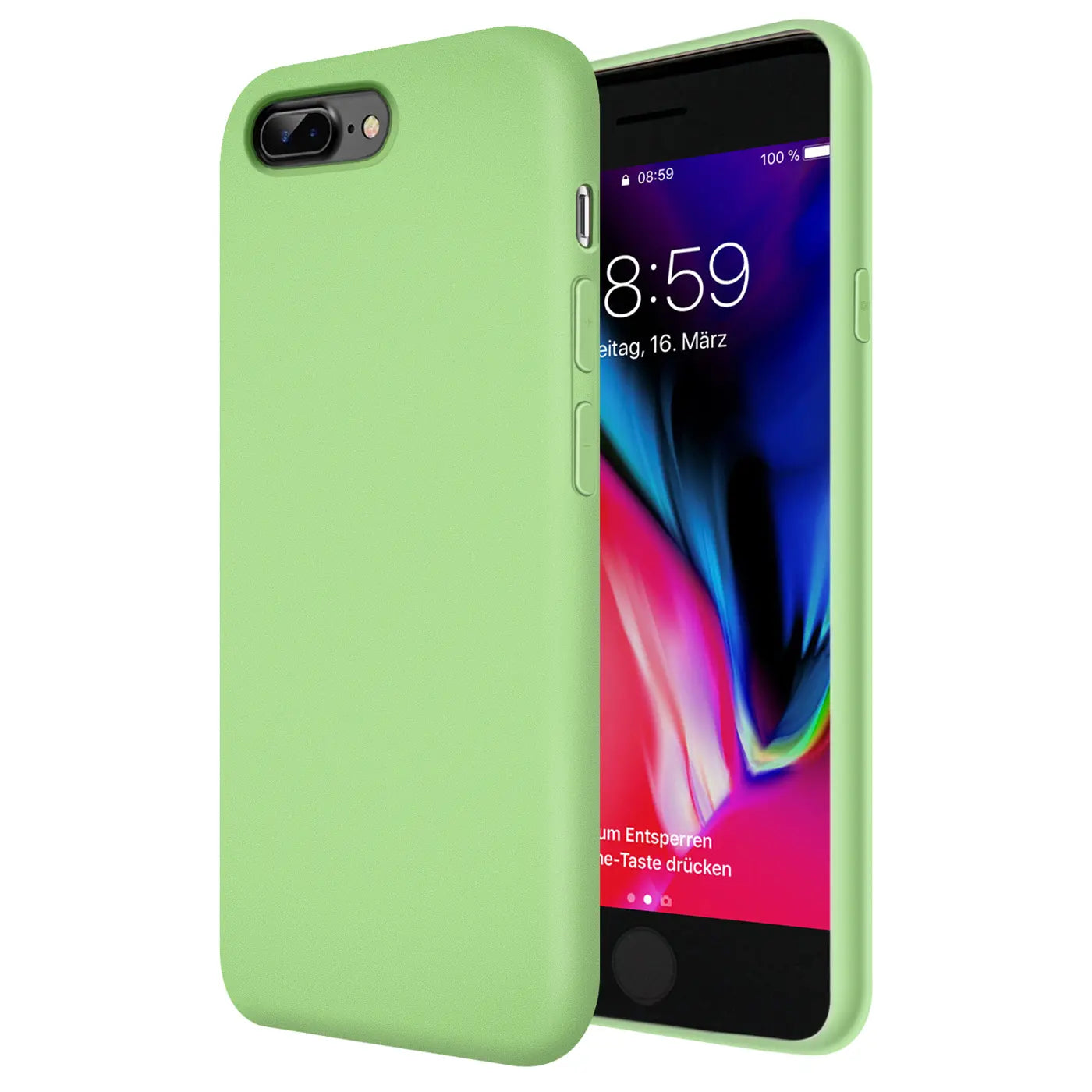 Grüne Silikonhülle für iPhone 7 Plus/8 Plus, von schräg vorne gesehen.