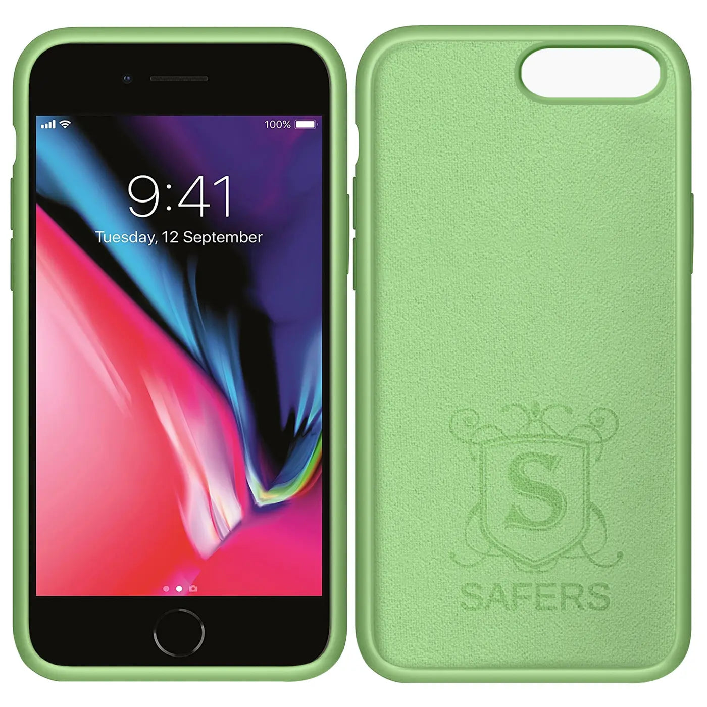 Grüne Silikonhülle mit Mikrofaser-Innenfutter, Vorder- und Rückansicht, iPhone 8 Plus.