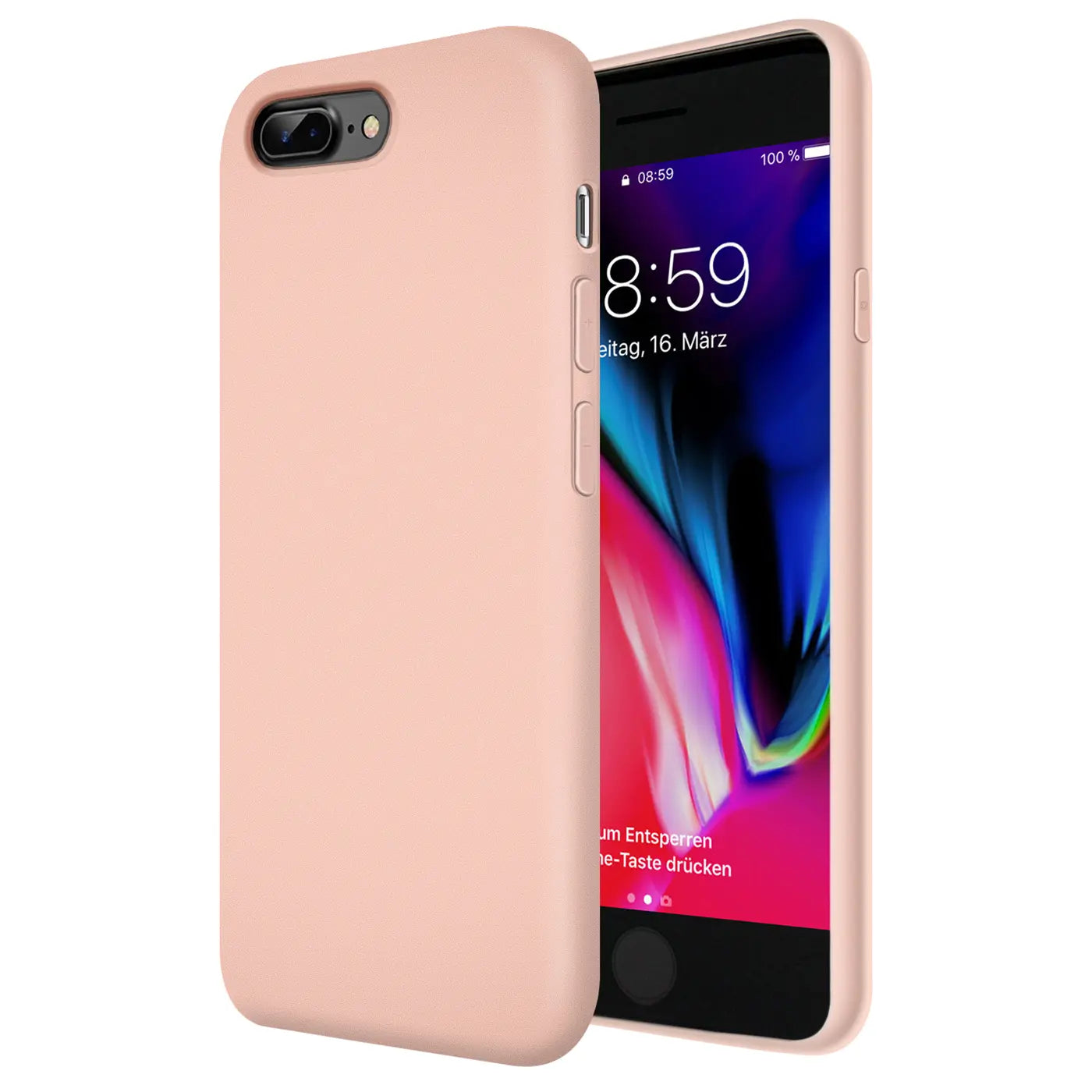 Rosa Silikonhülle mit Mikrofaser-Innenfutter für iPhone 8 Plus, Seitenansicht.