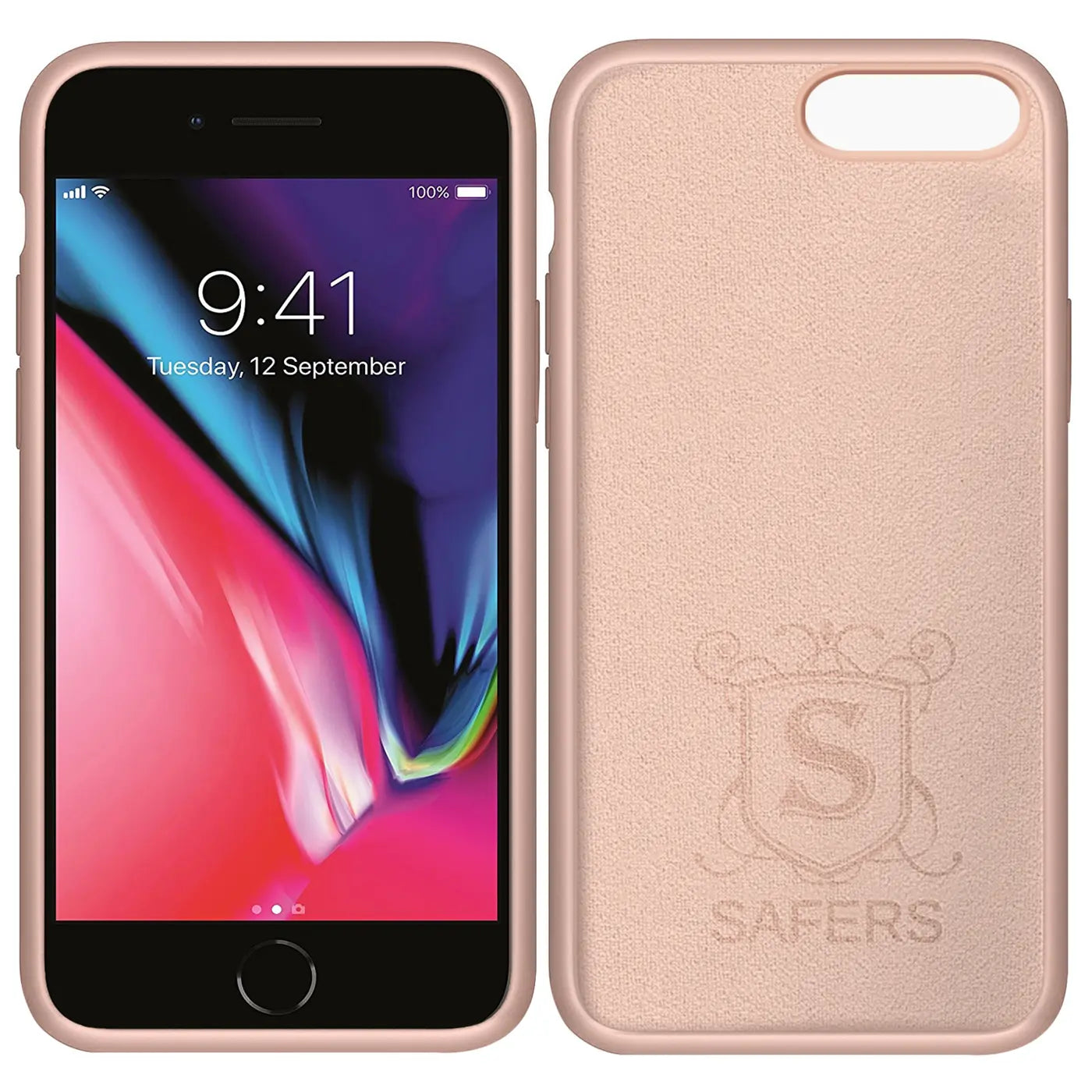 Rosa Silikonhülle für iPhone 8 Plus, Rückseite mit Logo.