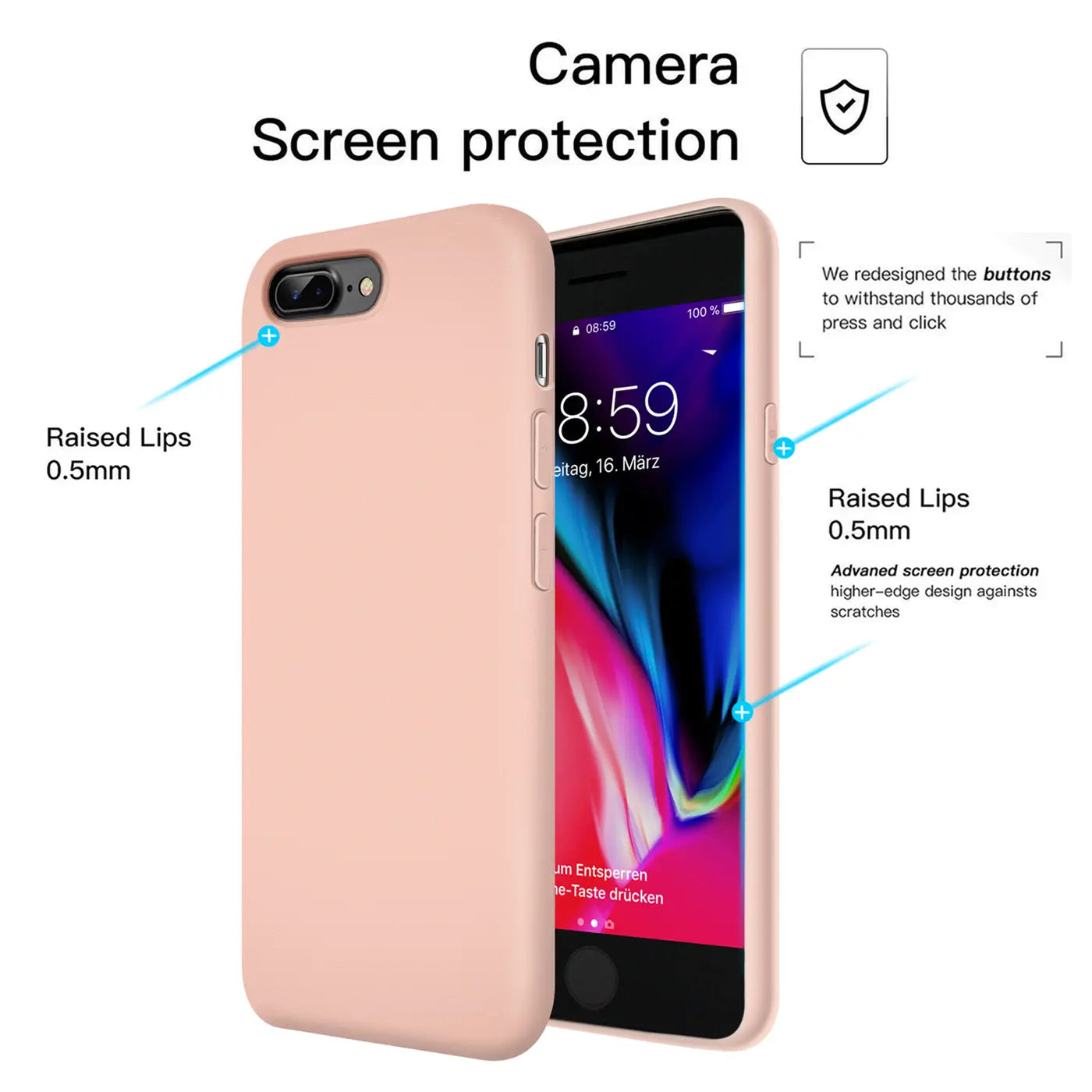 Rosa Silikonhülle für iPhone 7 Plus/8 Plus, Seitenansicht, mit erkennbarem Gerät.