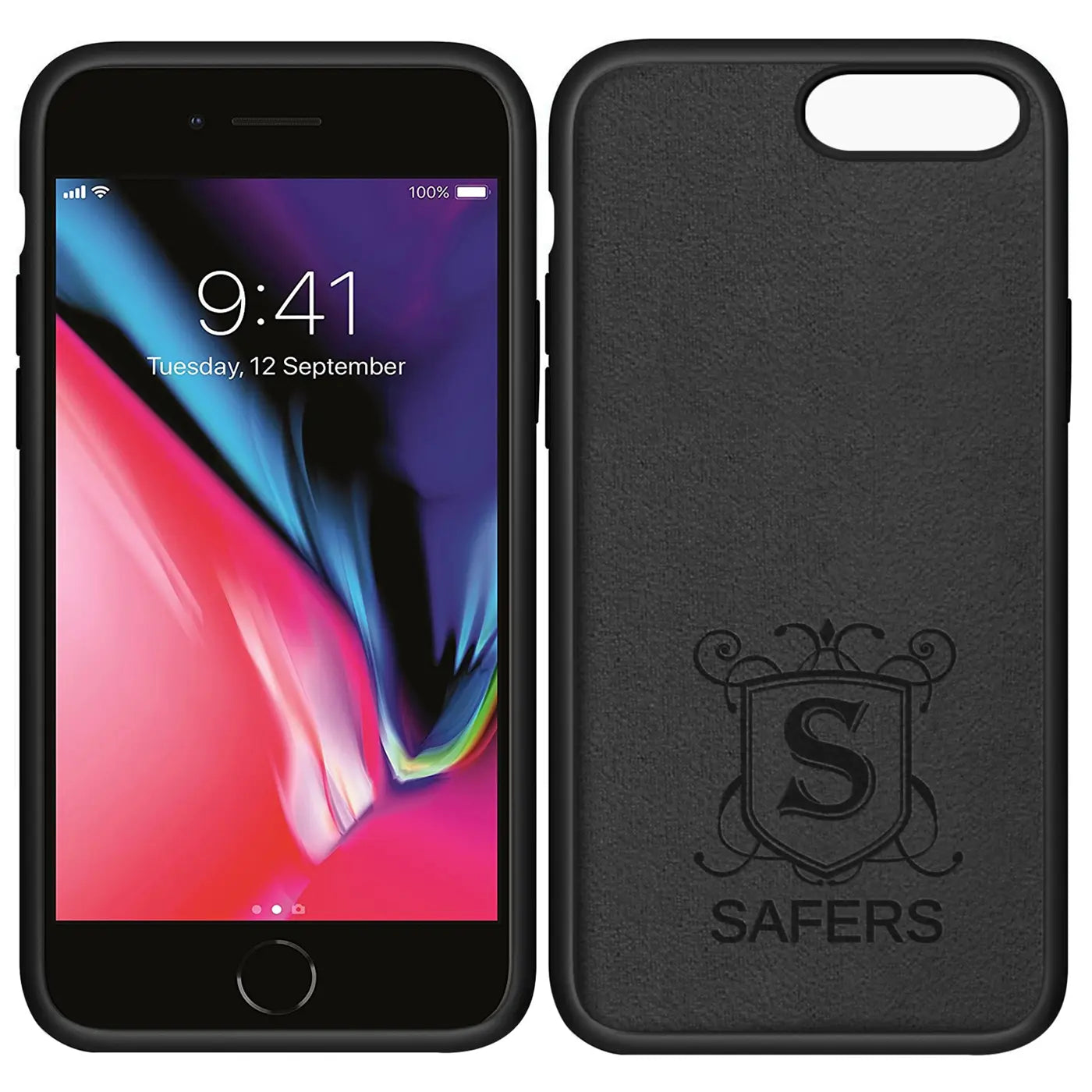 Schwarzes iPhone 8 Plus mit Hülle, Rückseite mit Logo und Schriftzug "SAFERS