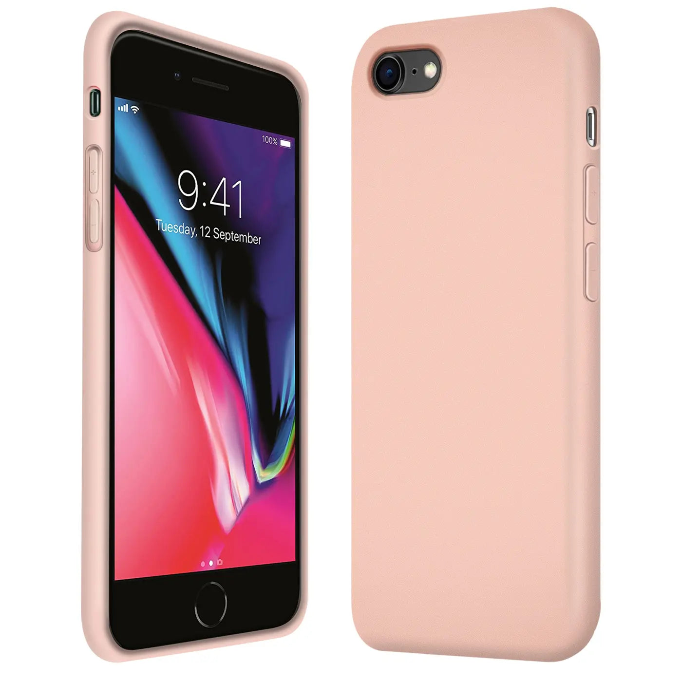 Rosa Silikonhülle für iPhone 7/8/SE, von vorne und hinten gezeigt.