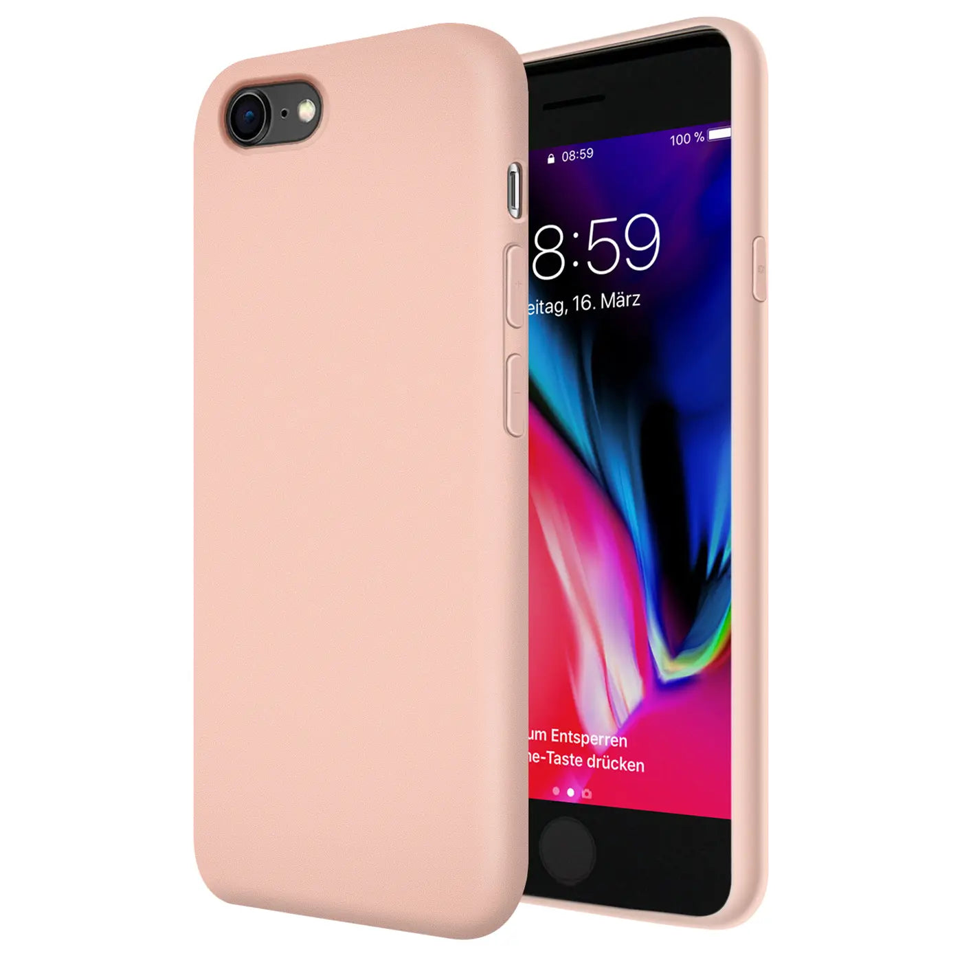 Rosa Silikonhülle mit Mikrofaser-Innenfutter für iPhone 7/8/SE, von vorne links