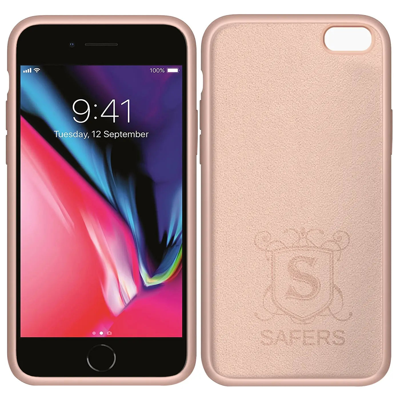 Rosa Silikonhülle mit Mikrofaser-Innenfutter für iPhone 8, Vorder- und Rückansicht.