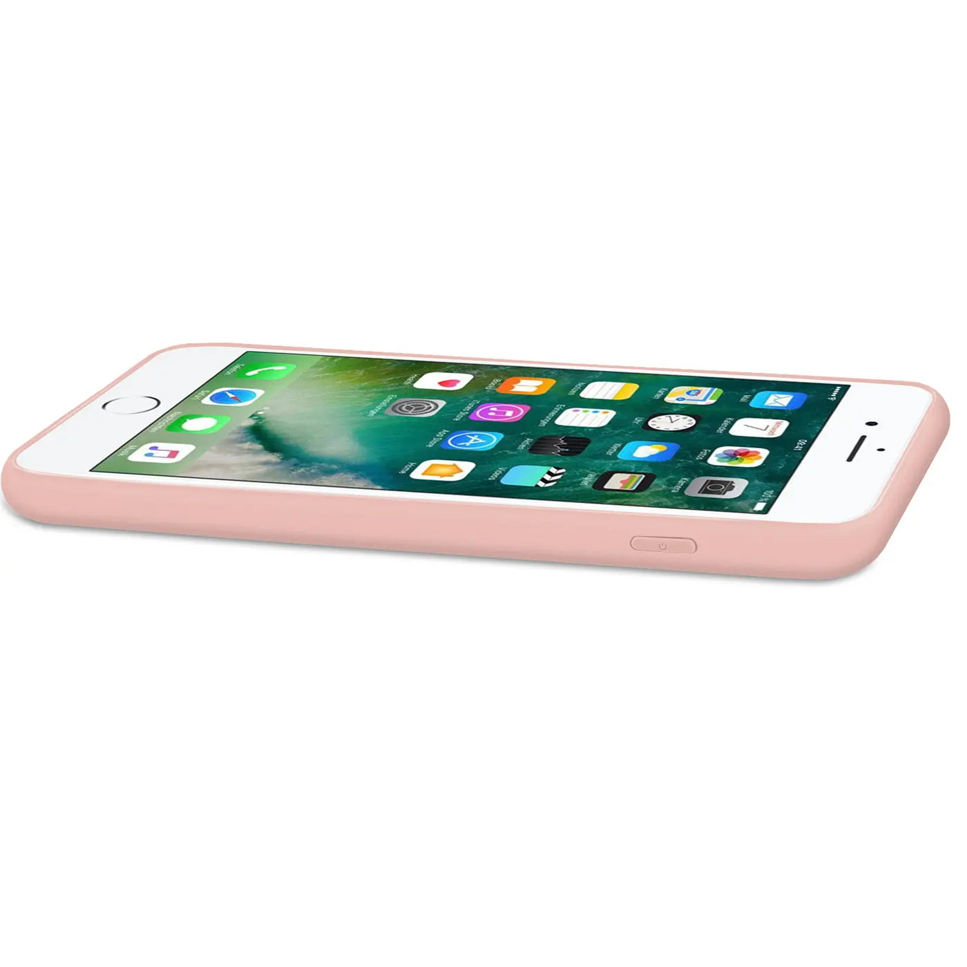 Rosa Silikonhülle mit Mikrofaser-Innenfutter auf einem iPhone 7/8/SE, Seitenansicht.
