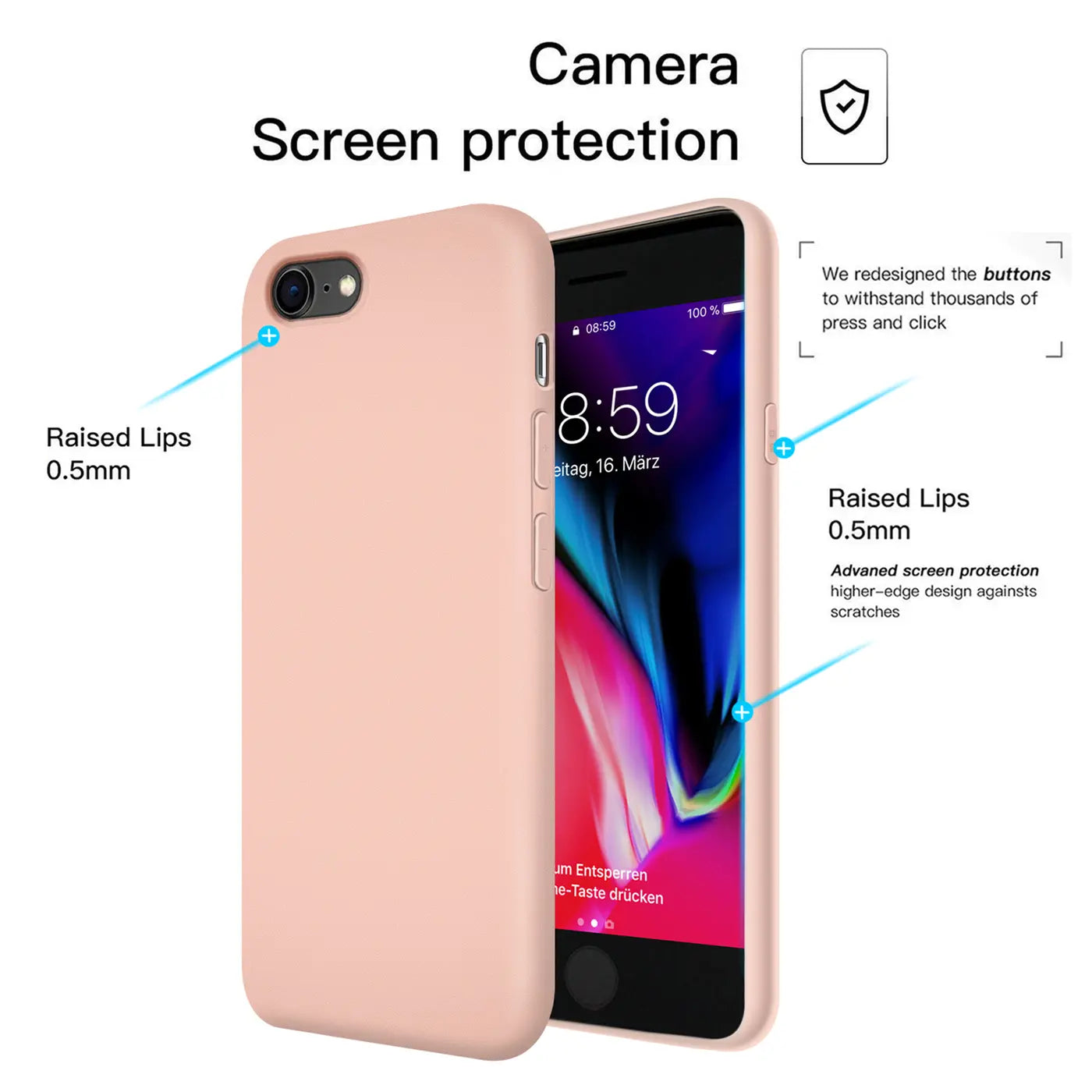 Rosa Silikonhülle für iPhone 7/8/SE, Seitenansicht, mit aufgesetzten Lippen.