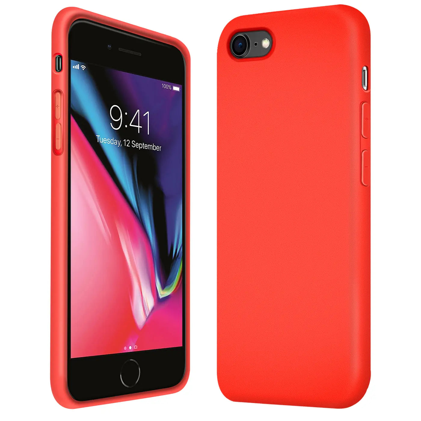 Rotes Silikon-Case auf iPhone 8/SE (2020/22), Vorder- und Rückansicht.