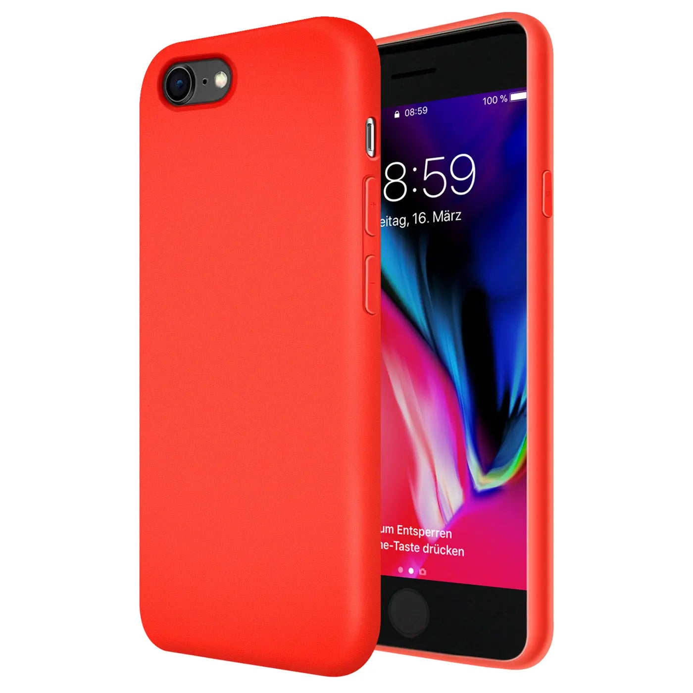 Rote Silikonhülle für iPhone 7/8/SE, von vorne links, mit Mikrofaser-Innenfutter.