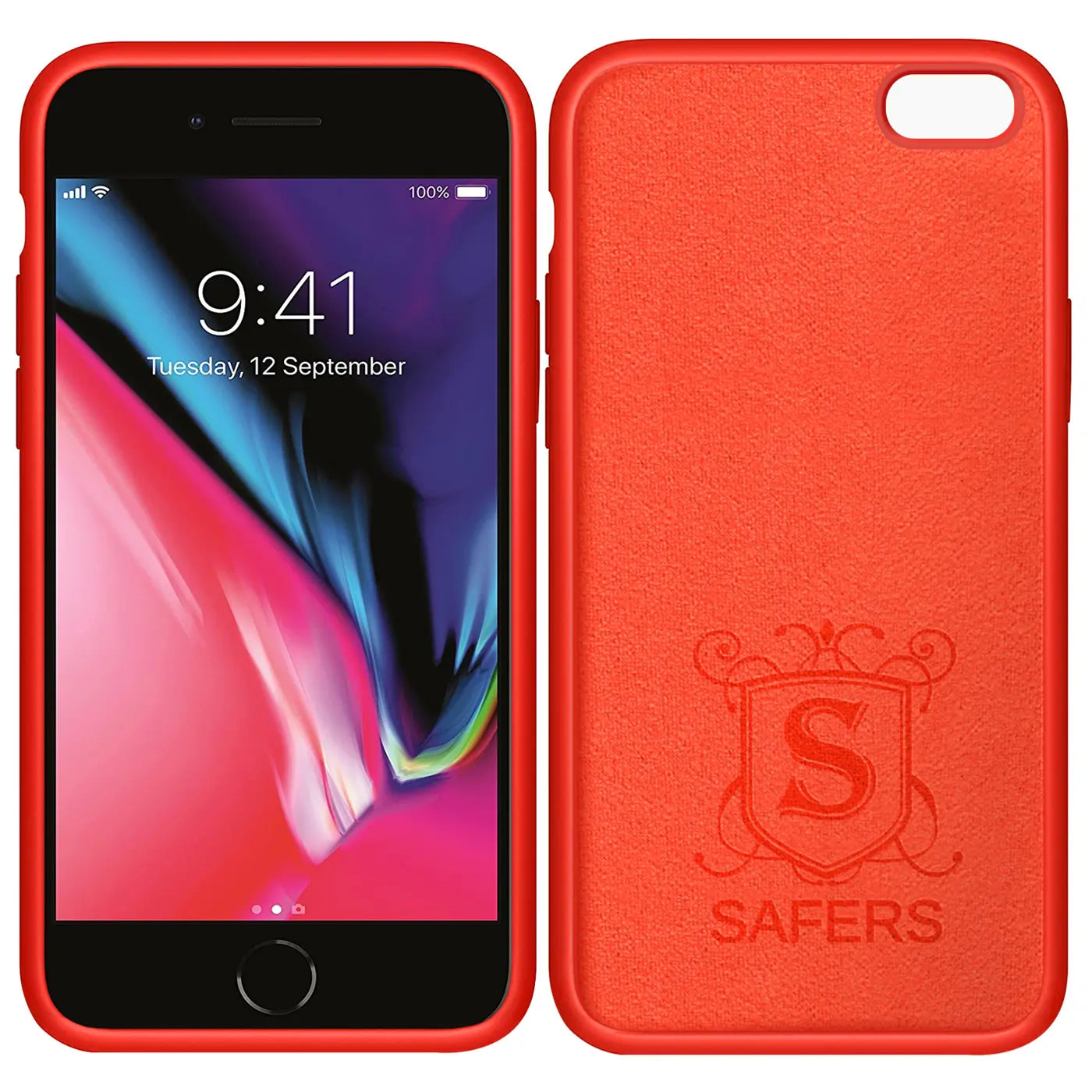 Rote Silikonhülle mit Mikrofaser-Innenfutter für iPhone 7/8/SE, Vorder- und Rückansicht.
