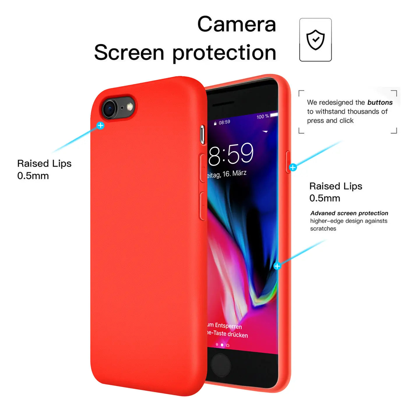 Rote Silikonhülle für iPhone 7/8/SE, Seitenansicht, mit hervorgehobener Kamera und Display.