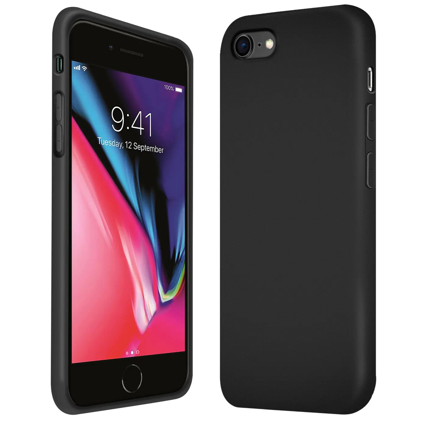 Schwarze Silikonhülle für iPhone 7/8/SE, von vorne und hinten gezeigt.