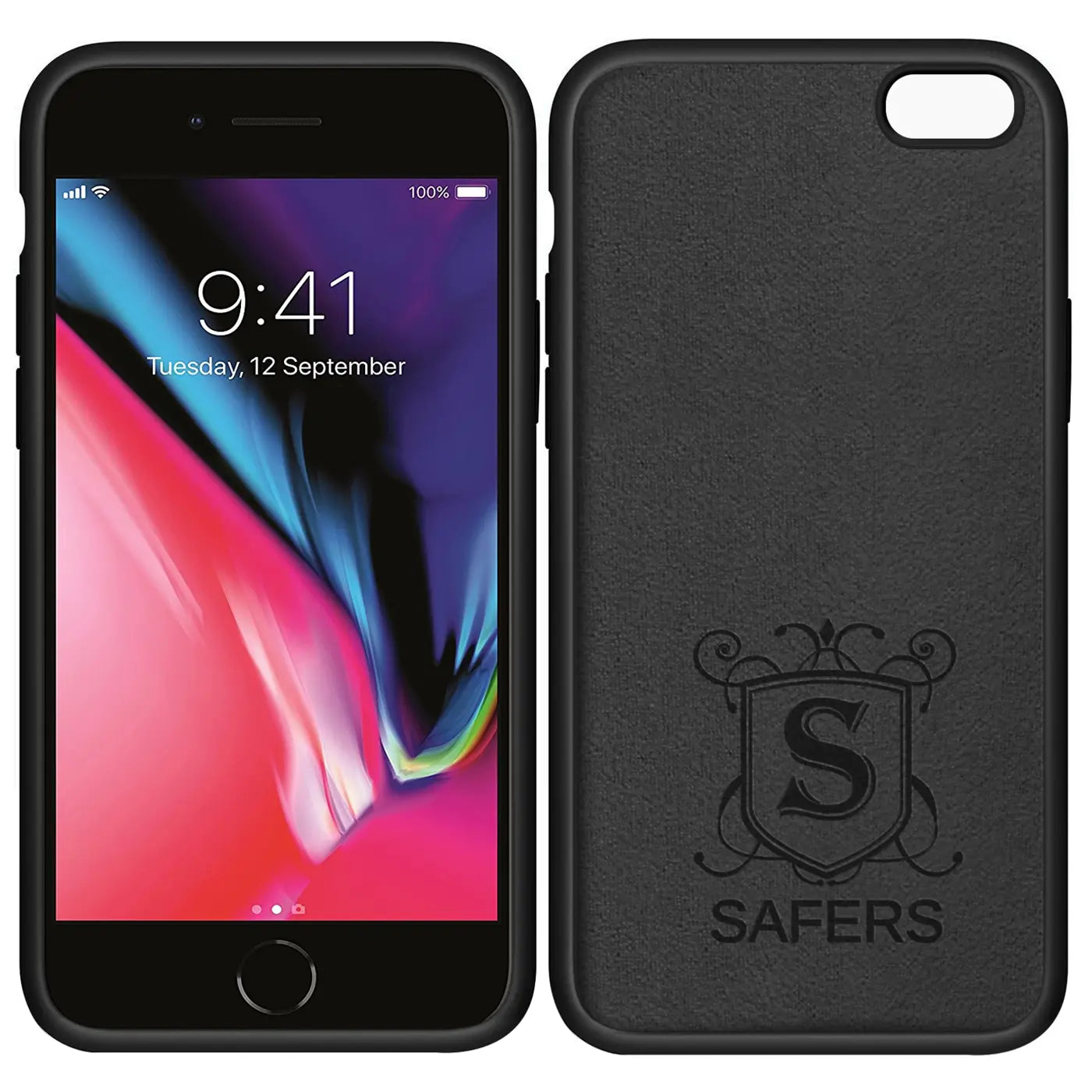 Schwarzes iPhone 8 mit Hülle, Rückseite mit Logo und Schriftzug "SAFERS