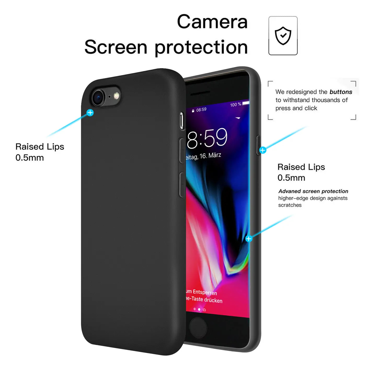 Schwarzes Silikon-Case mit Mikrofaser-Innenfutter, zeigt iPhone 7/8/SE, Seitenansicht.