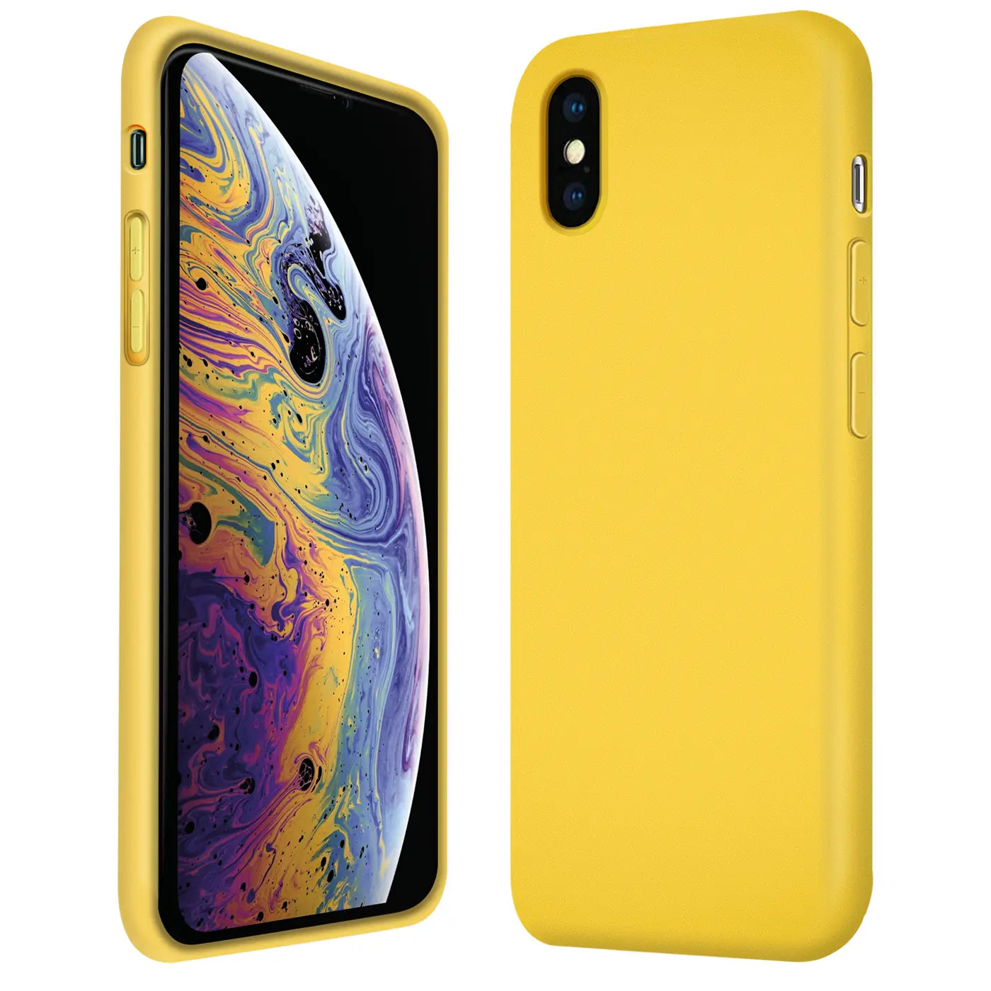 Gelbe Silikonhülle für iPhone X/XS, von vorne links und von hinten rechts gezeigt.