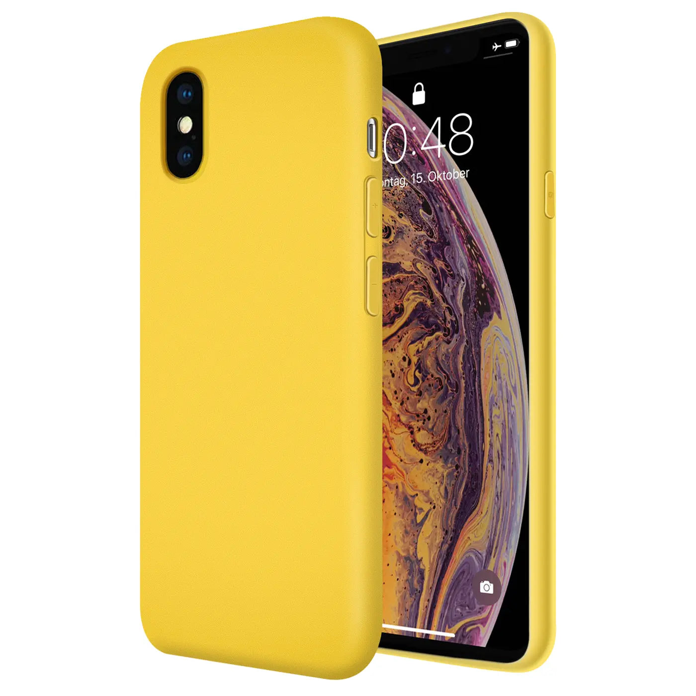 Gelbe Silikonhülle für iPhone X/XS, von vorne links, mit Mikrofaser-Innenfutter.