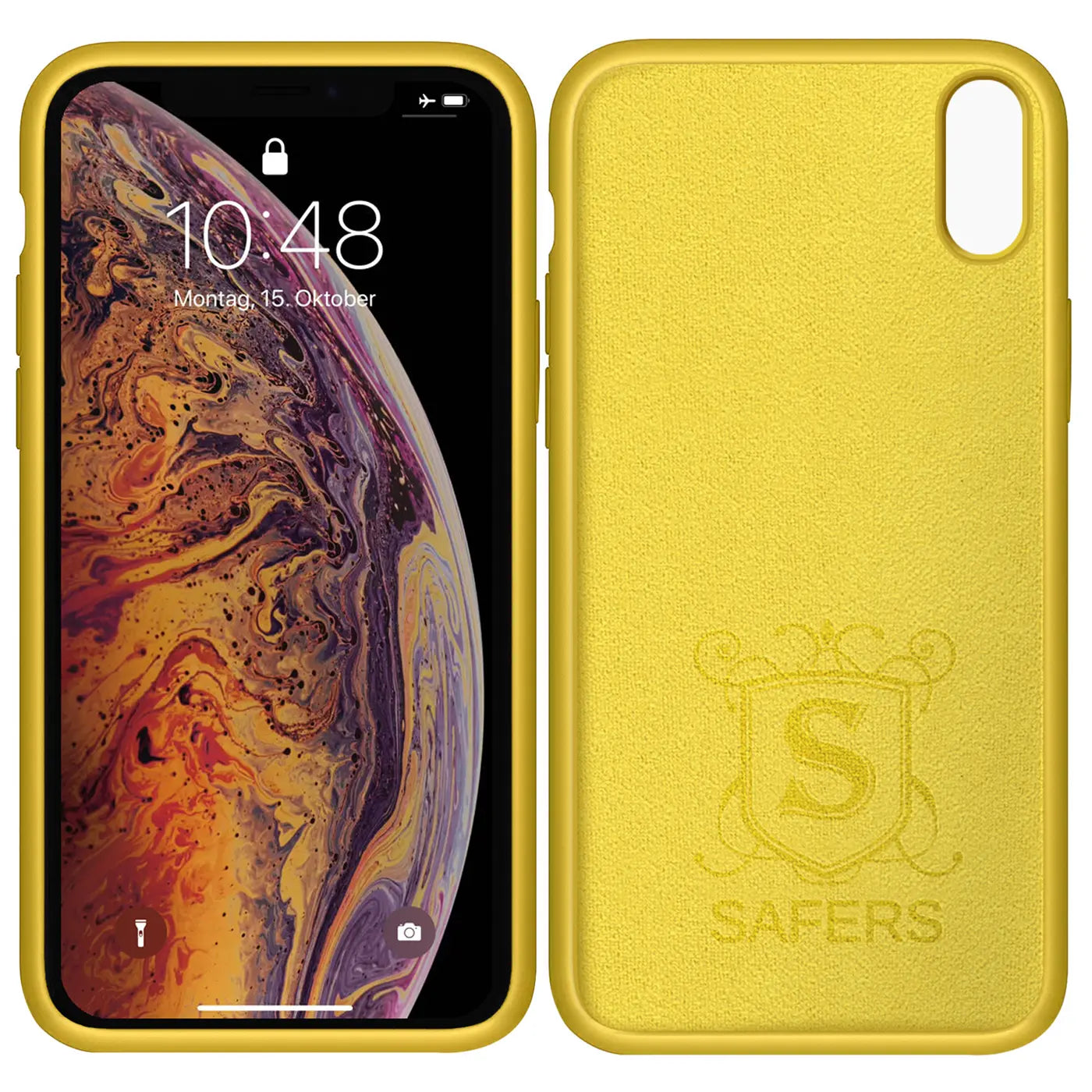Gelbe Silikonhülle für iPhone X/XS, Vorder- und Rückseite, Mikrofaser innen