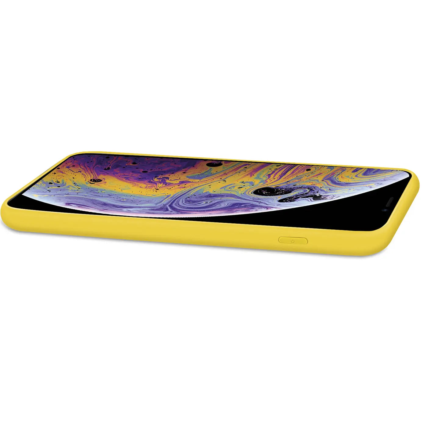 Gelbe Silikonhülle für iPhone X/XS, von der Seite, mit Mikrofaser-Innenfutter.