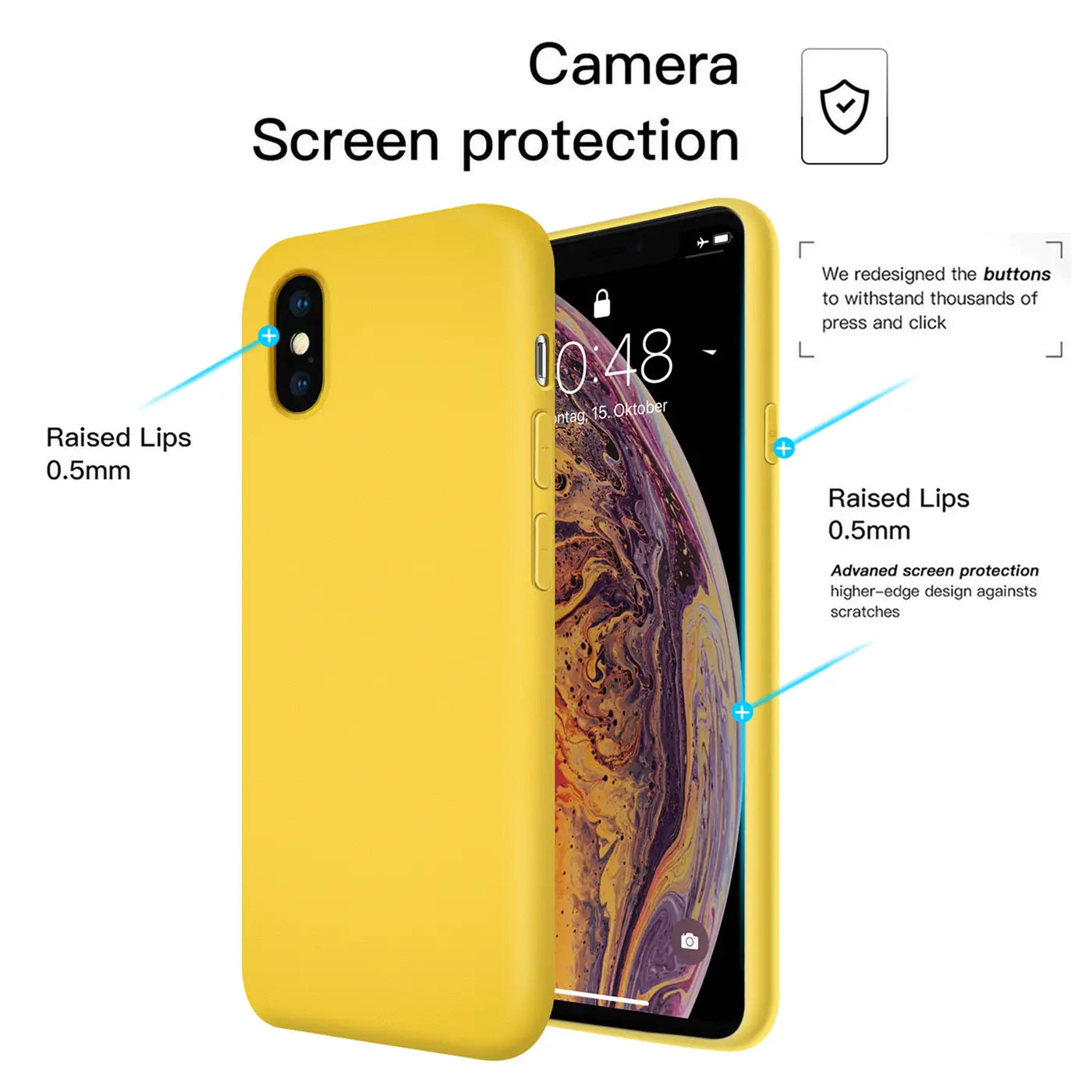 Gelbe Silikonhülle für iPhone X/XS, von vorne/leicht schräg, mit Kamera- und Bildschirmschutz.