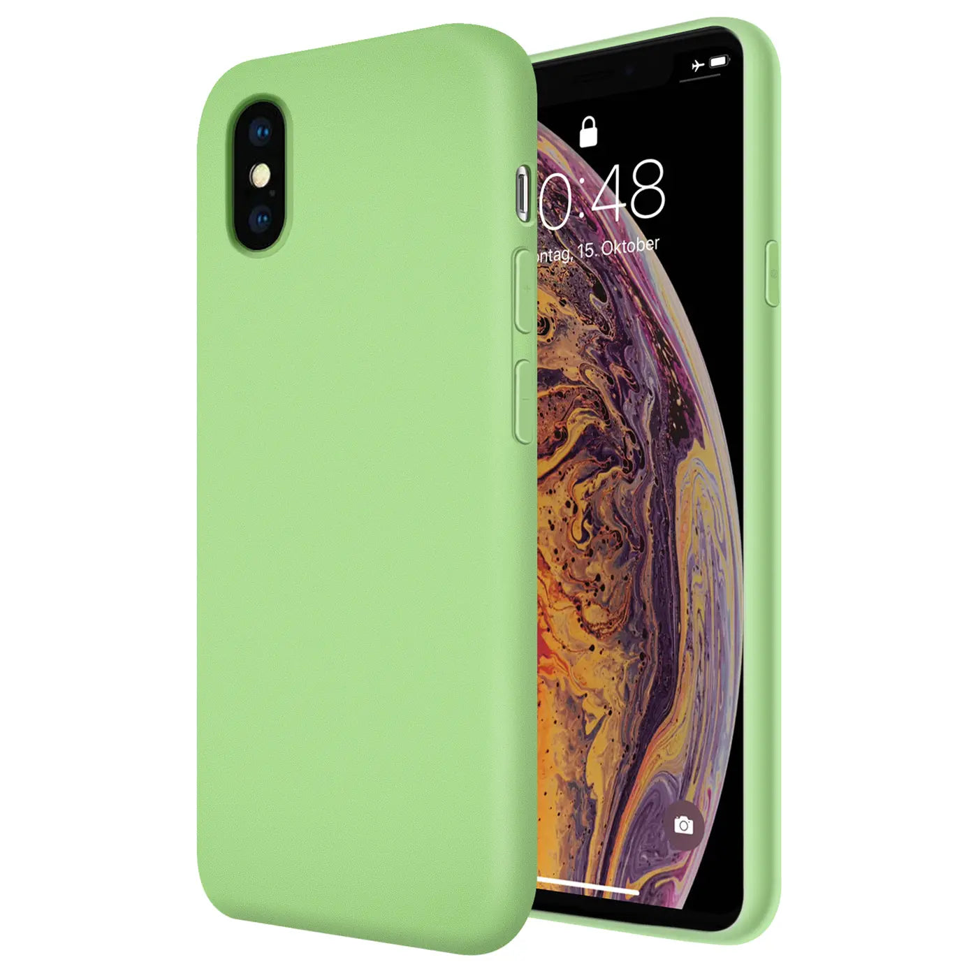 Hellgrüne Silikonhülle für iPhone X/XS, von vorne/leicht schräg