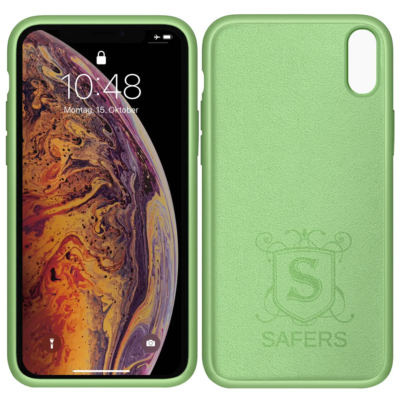 Grüne Silikonhülle für iPhone X/XS, Rückseite mit Logo, von vorne und hinten gezeigt