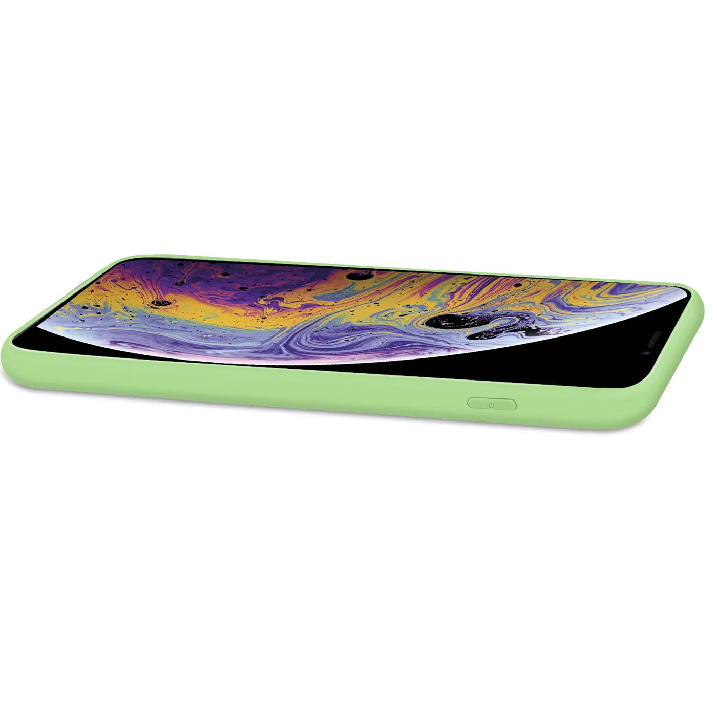 Helle grüne Silikonhülle mit Mikrofaser-Innenfutter für iPhone X/XS, Seitenansicht.