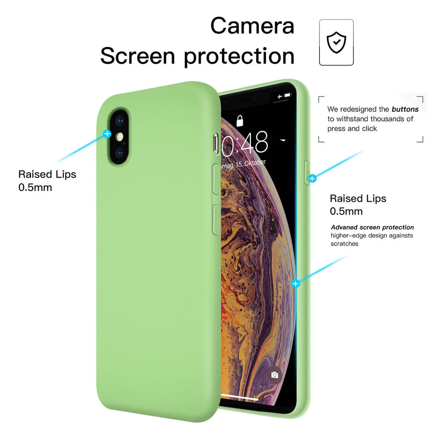Hellgrüne Silikonhülle für iPhone X/XS, Seitenansicht, mit hervorgehobener Kamera und Display.