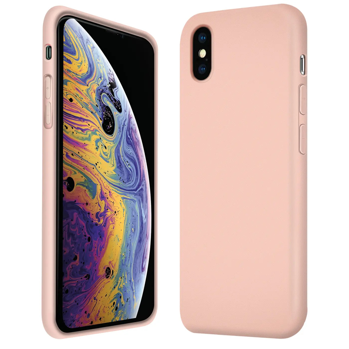 Rosa Silikonhülle für iPhone X/XS, von vorne und hinten gezeigt, mit Mikrofaser-Innenfutter.
