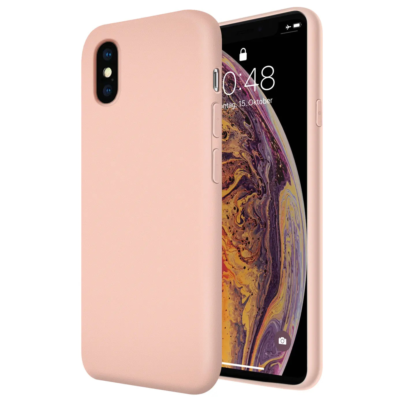 Rosa Silikonhülle für iPhone X/XS, von vorne links, mit Mikrofaser-Innenfutter.