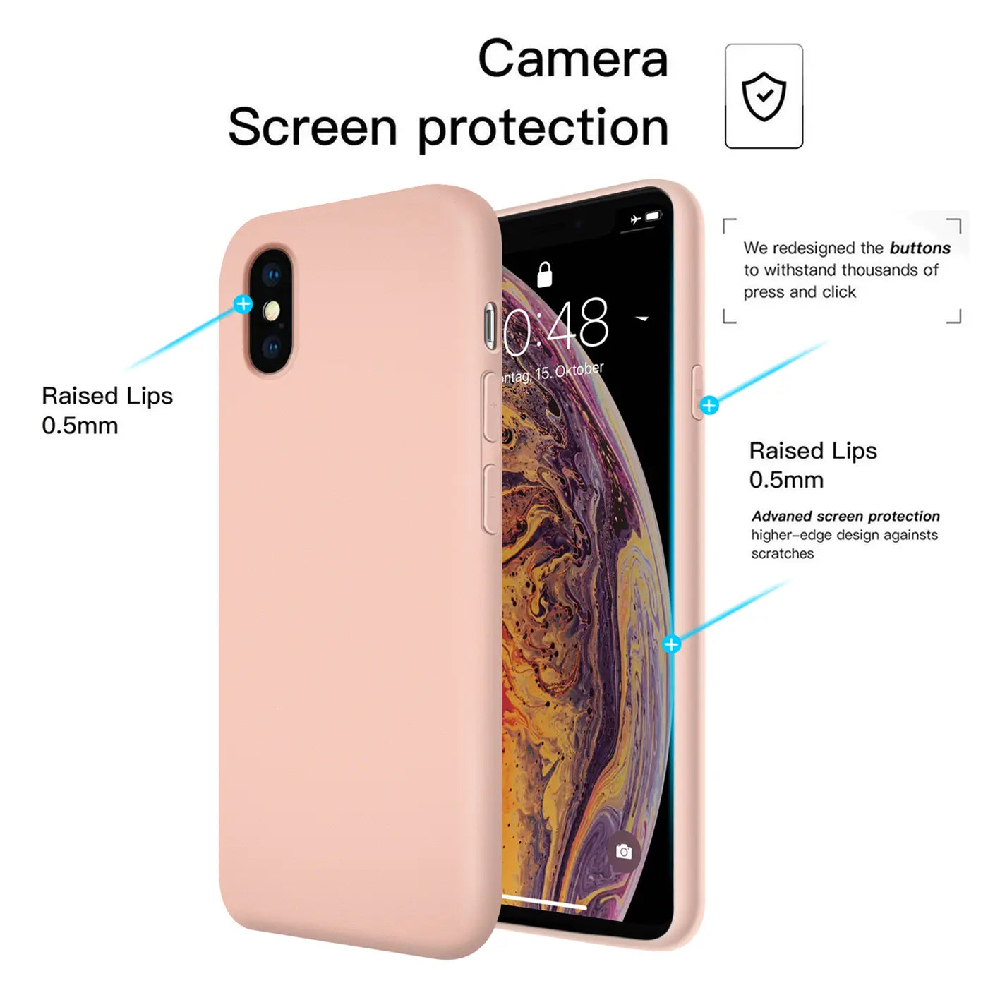 Rosa Silikonhülle für iPhone X/XS, von vorne/leicht schräg, mit Display.