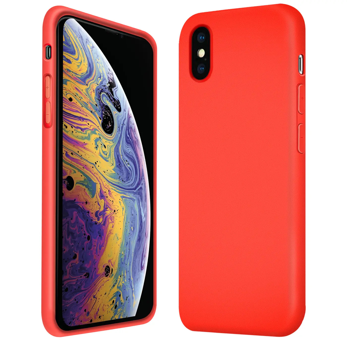 Rote Silikonhülle für iPhone X/XS, Vorder- und Rückansicht, Mikrofaser-Innenfutter.