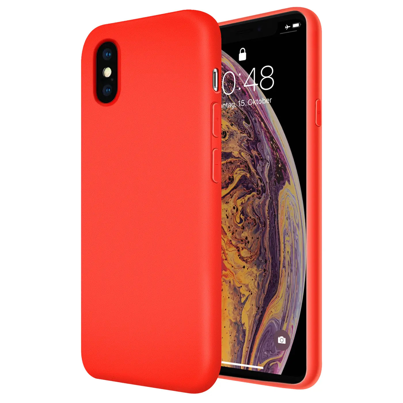 Rote Silikonhülle für iPhone X/XS, von vorne links, mit Mikrofaser-Innenfutter.