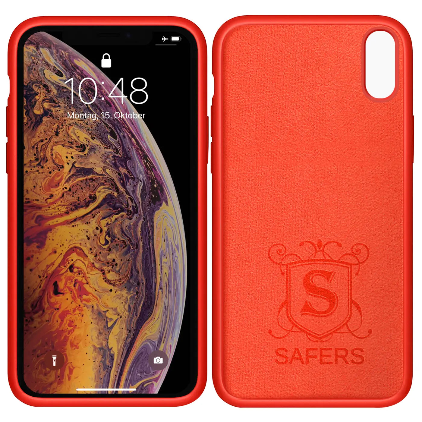 Rote Silikonhülle für iPhone X/XS, Rückseite mit Logo und Schriftzug "SAFERS