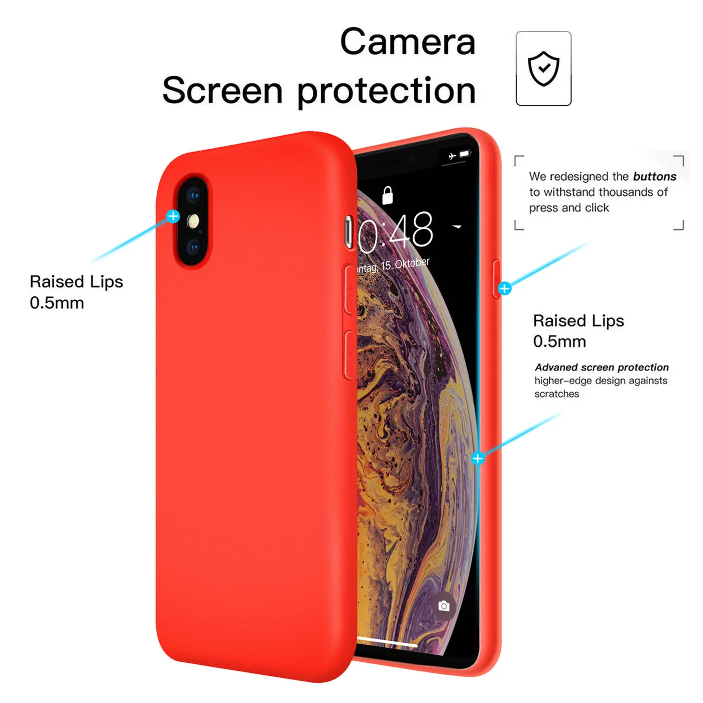 Rote Silikonhülle für iPhone X/XS, von vorne links, mit Hervorhebungen.